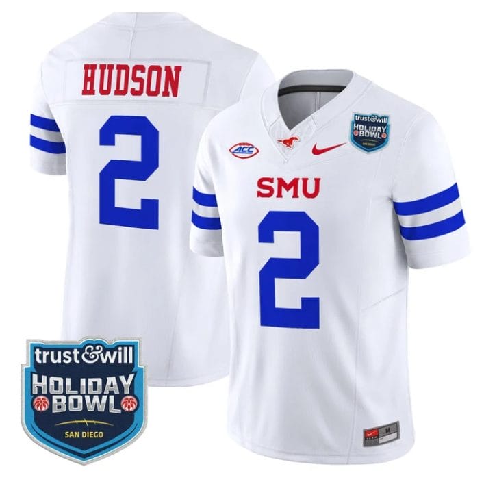 Jordan Hudson Jersey #2 SMU Mustangs 2026 Holiday Bowl Patch Stitched White
