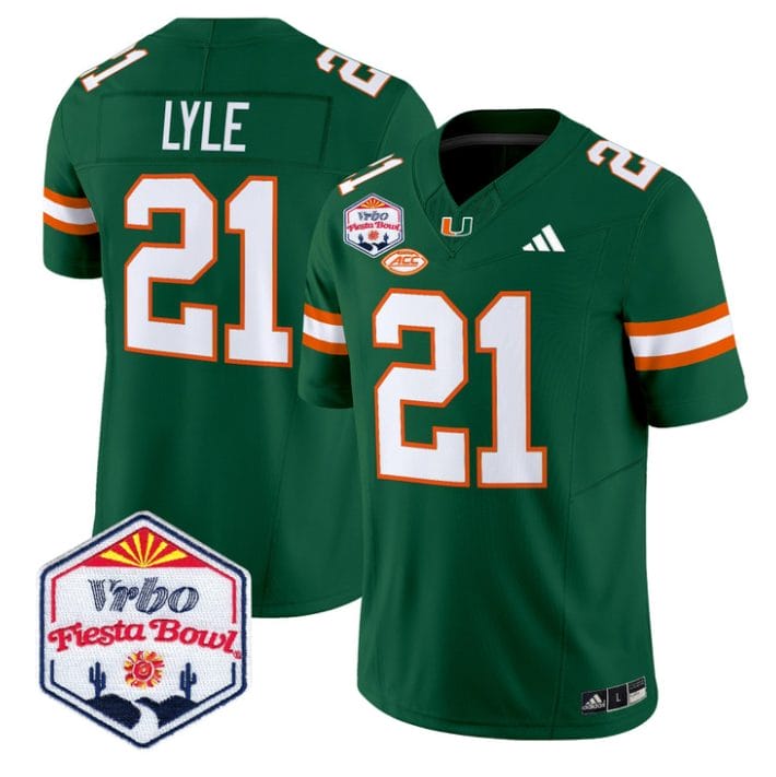 Alternative view of Jordan Lyle Jersey #21 Miami Hurricanes 2026 Fiesta Bow Patch Stitched