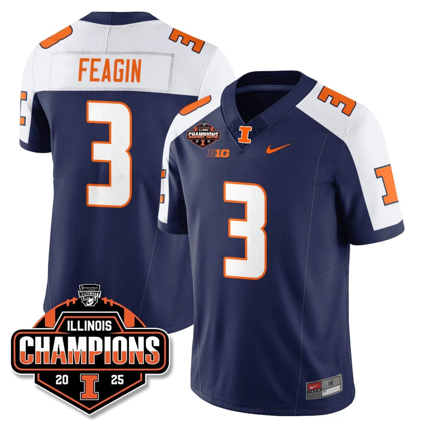 Kaden Feagin Jersey #3 Illinois Fighting 2025 Music City Bowl Champions Stitched