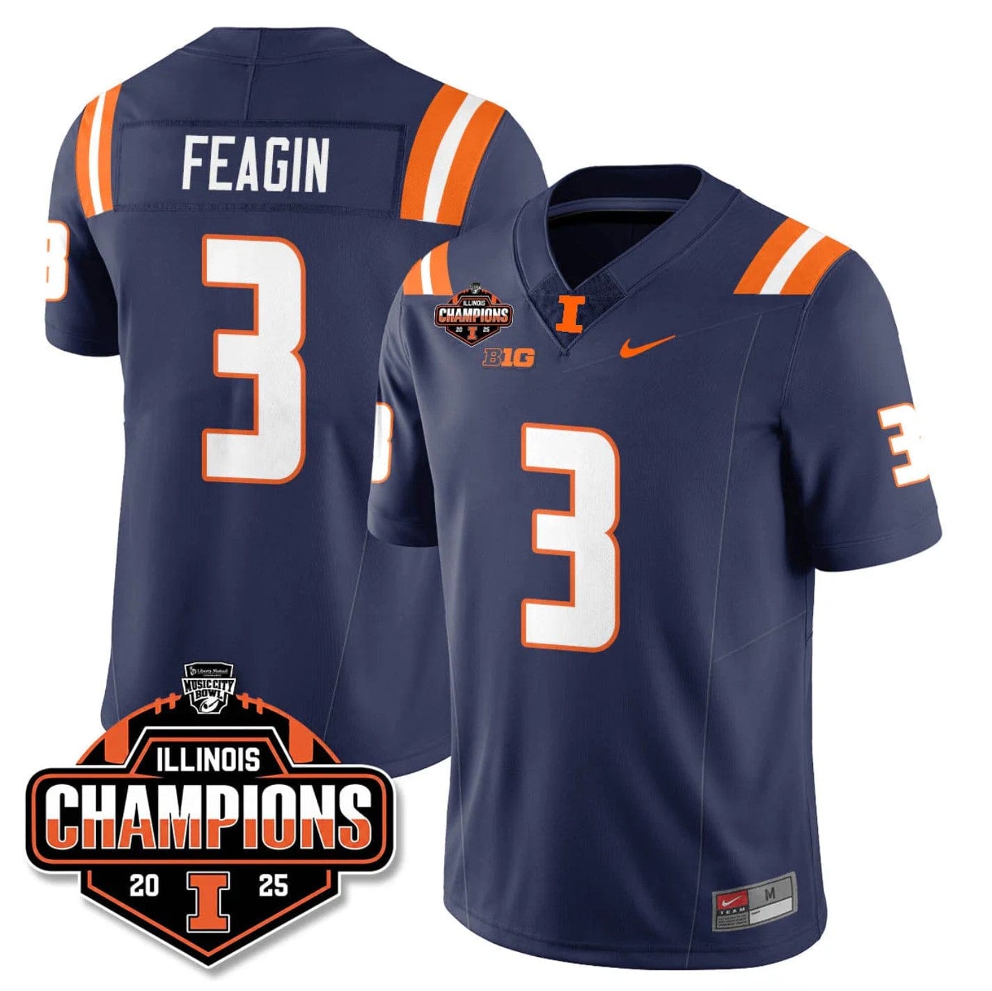 Alternative view of Kaden Feagin Jersey #3 Illinois Fighting 2025 Music City Bowl Champions Stitched