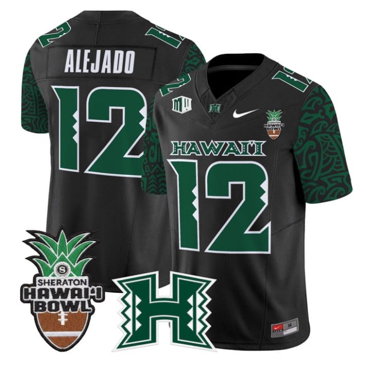 Alternative view of Micah Alejado Jersey #12 Hawai'i Rainbow 2025 Hawai'i Bowl Stitched Black Limited