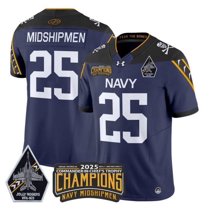 Midshipmen Jersey #25 Navy Midshipmen Jolly Rogers 2025 Trophy Stitched Navy