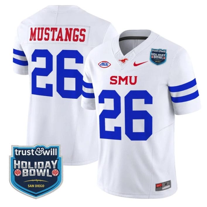 Mustangs Jersey #26 SMU Mustangs 2026 Holiday Bowl Patch Stitched White