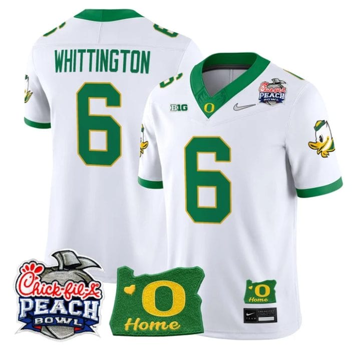 Noah Whittington Jersey #6 Oregon Ducks 2026 Peach Bowl Oregon State White Alternate