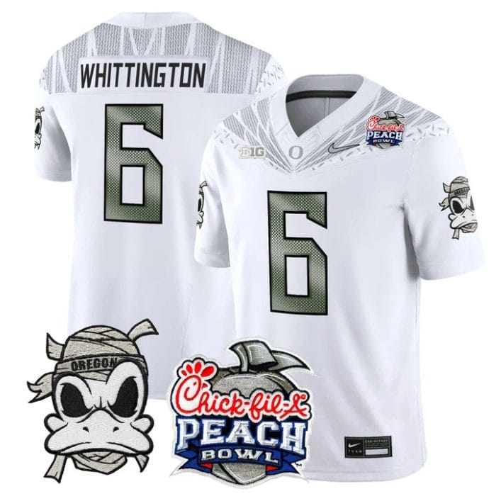 Noah Whittington Jersey #6 Oregon Ducks Mummy Duck 2026 Peach Bowl White