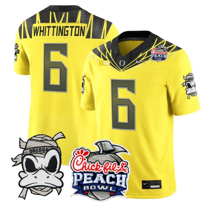Noah Whittington Jersey #6 Oregon Ducks Mummy Duck 2026 Peach Bowl Yellow