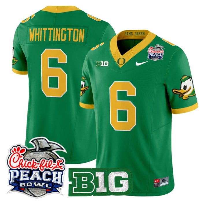 Alternative view of Noah Whittington Jersey #6 Oregon Ducks 2026 Peach Bowl Patch Stitched