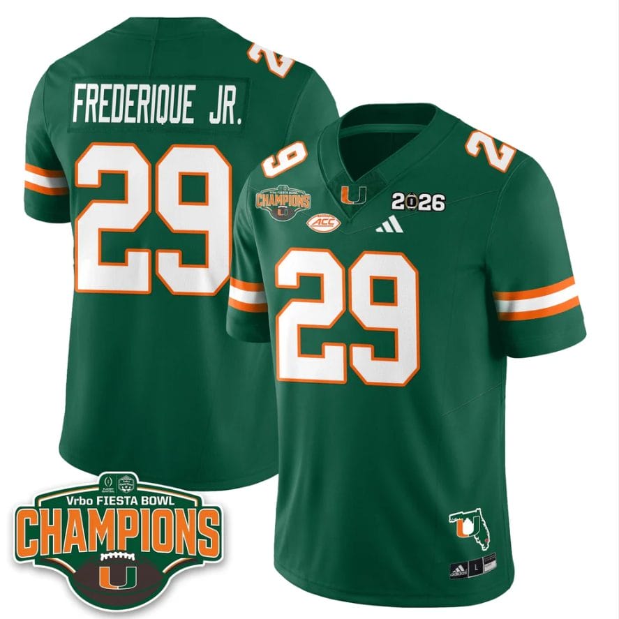 Alternative view of OJ Frederique Jr Jersey #29 Miami Hurricanes 2026 Fiesta Bowl Champions Stitched