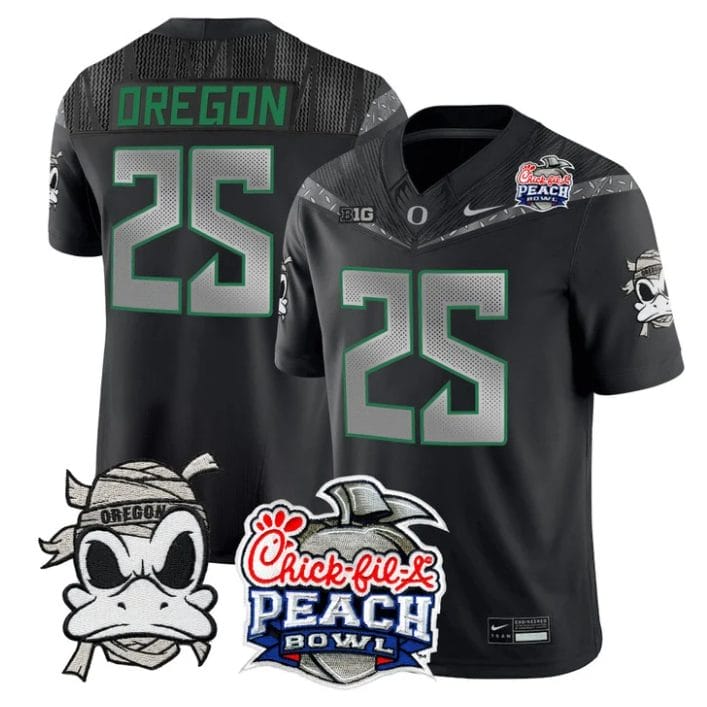 Oregon Jersey #25 Oregon Ducks Mummy Duck 2026 Peach Bowl Stitched Black