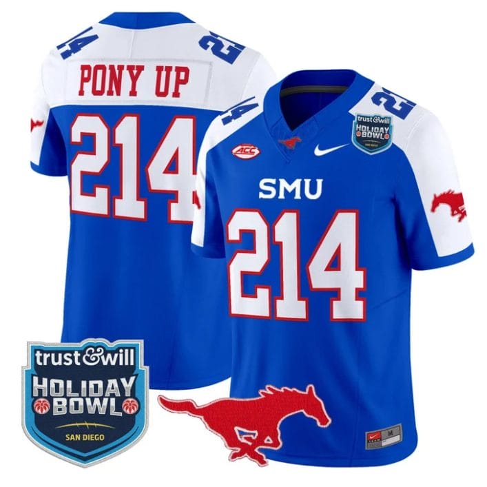 Pony Up Jersey #214 SMU Mustangs 2026 Holiday Bowl Patch Stitched Blue Alternate
