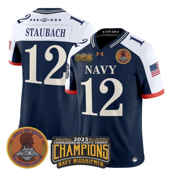 Roger Staubach Jersey #12 Navy Midshipmen 2025 Trophy Champions Stitched Navy Alternate