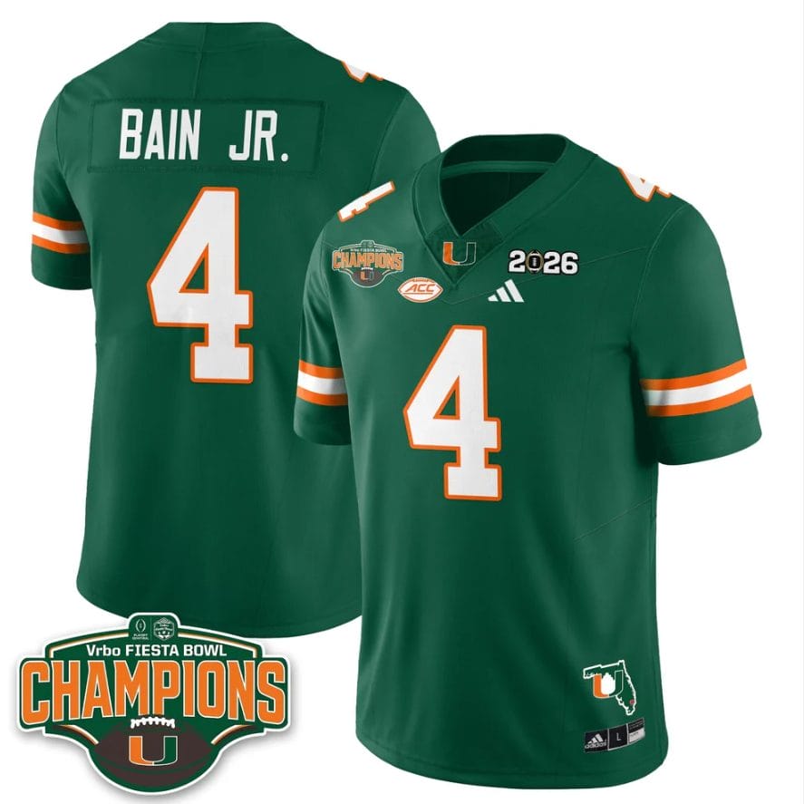 Alternative view of Rueben Bain Jr Jersey #4 Miami Hurricanes 2026 Fiesta Bowl Champions Stitched