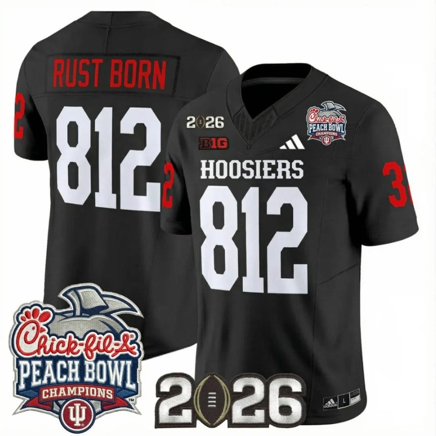 Alternative view of Rust Born Jersey #812 Indiana Hoosiers 2026 Peach Bowl Champions Patch Stitched