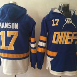Slap Shot Charlestown Chiefs #17 Steve Hanson Blue One Front Pocket Pullover Hoodie