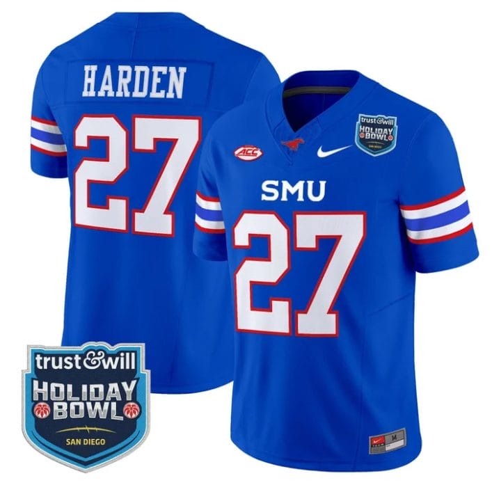 T.J. Harden Jersey #27 SMU Mustangs 2026 Holiday Bowl Patch Stitched Blue