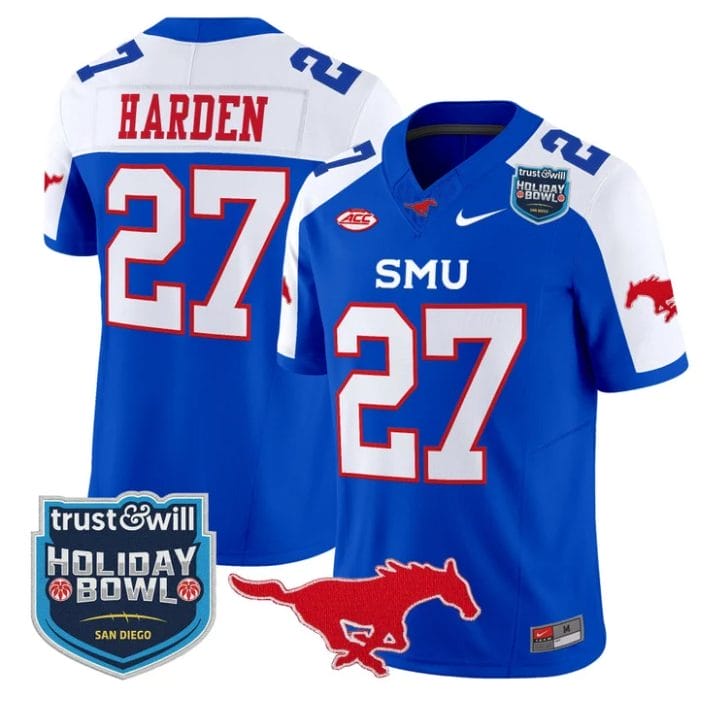 T.J. Harden Jersey #27 SMU Mustangs 2026 Holiday Bowl Patch Stitched Blue Alternate