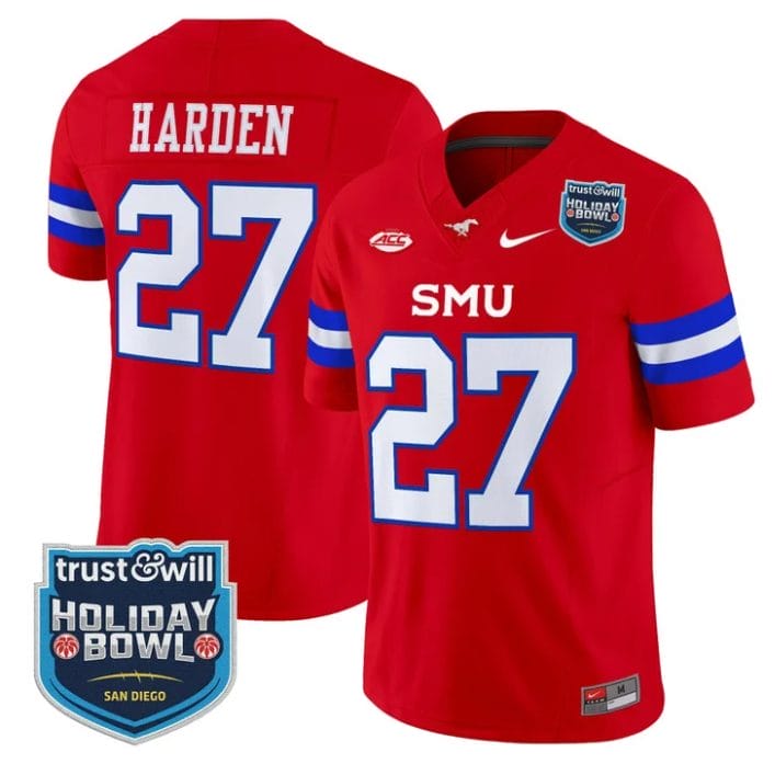 T.J. Harden Jersey #27 SMU Mustangs 2026 Holiday Bowl Patch Stitched Red