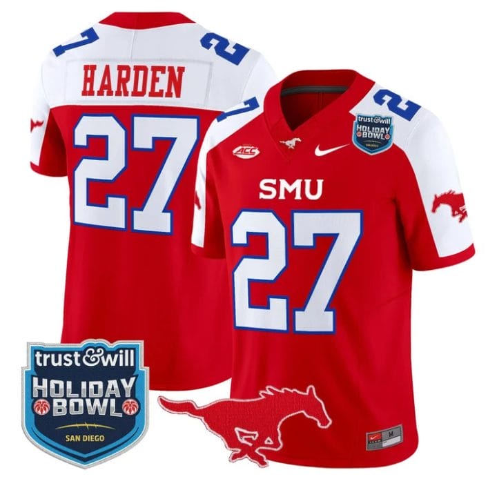 T.J. Harden Jersey #27 SMU Mustangs 2026 Holiday Bowl Patch Stitched Red Alternate