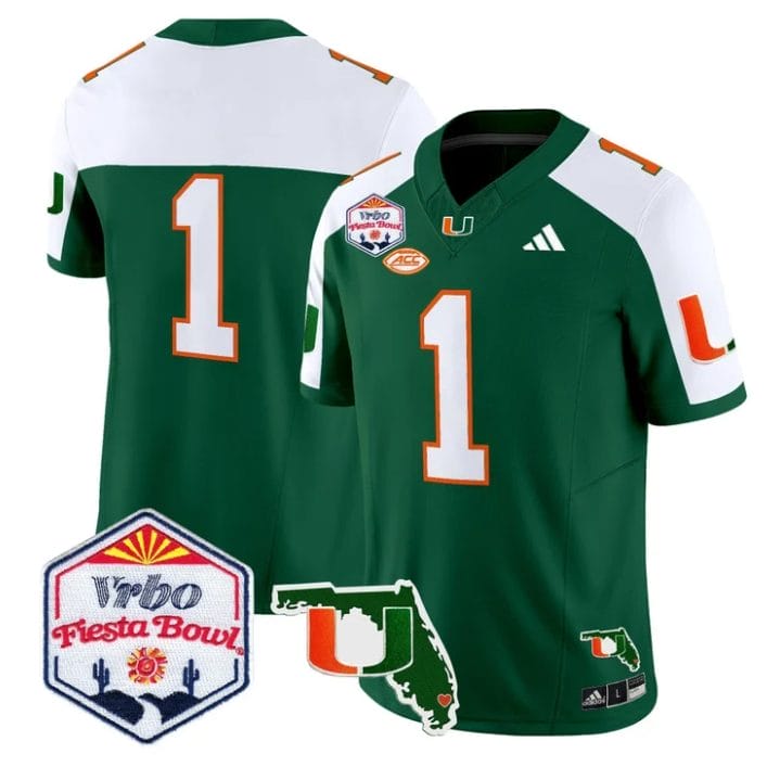 Team Jersey #1 Miami Hurricanes 2026 Fiesta Bowl Florida Stitched Green Alternate