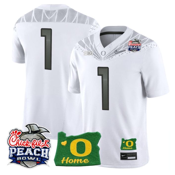 Team Jersey #1 Oregon Ducks 2026 Peach Bowl Oregon State Stitched White