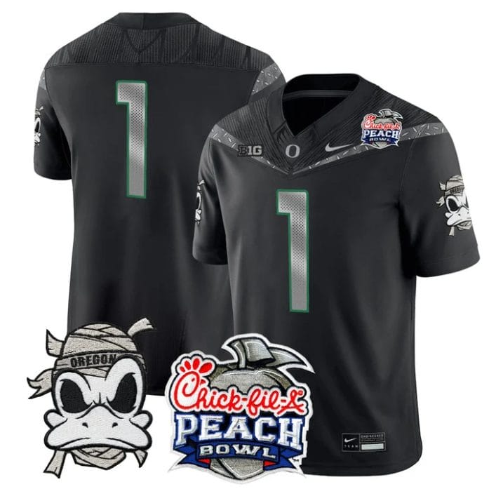 Team Jersey #1 Oregon Ducks Mummy Duck 2026 Peach Bowl Patch Stitched Black