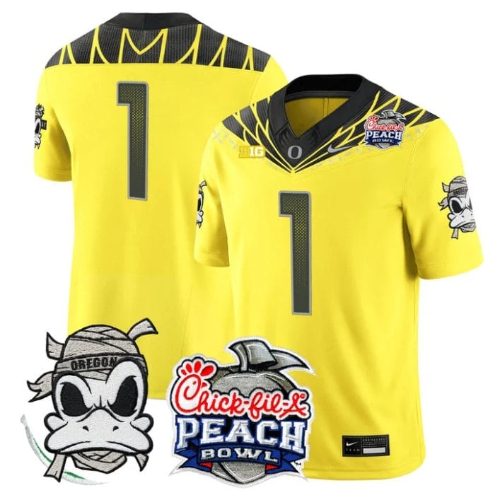 Team Jersey #1 Oregon Ducks Mummy Duck 2026 Peach Bowl Patch Stitched Yellow