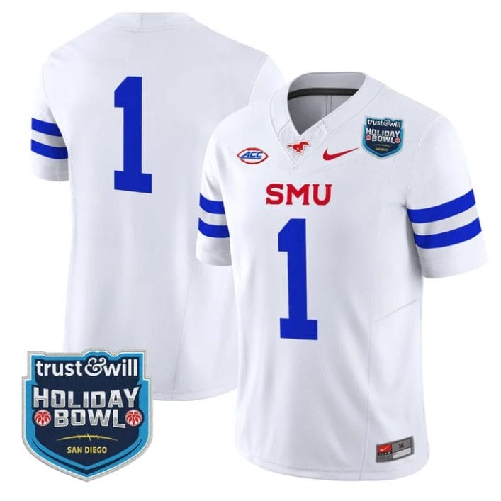 Team Jersey #1 SMU Mustangs 2026 Holiday Bowl Patch Vapor Stitched White