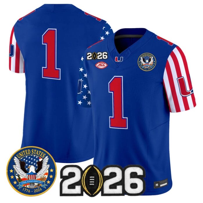 Alternative view of Team Jersey #1 Miami Hurricanes America 250 Edition 2026 CFP Patch Stitched