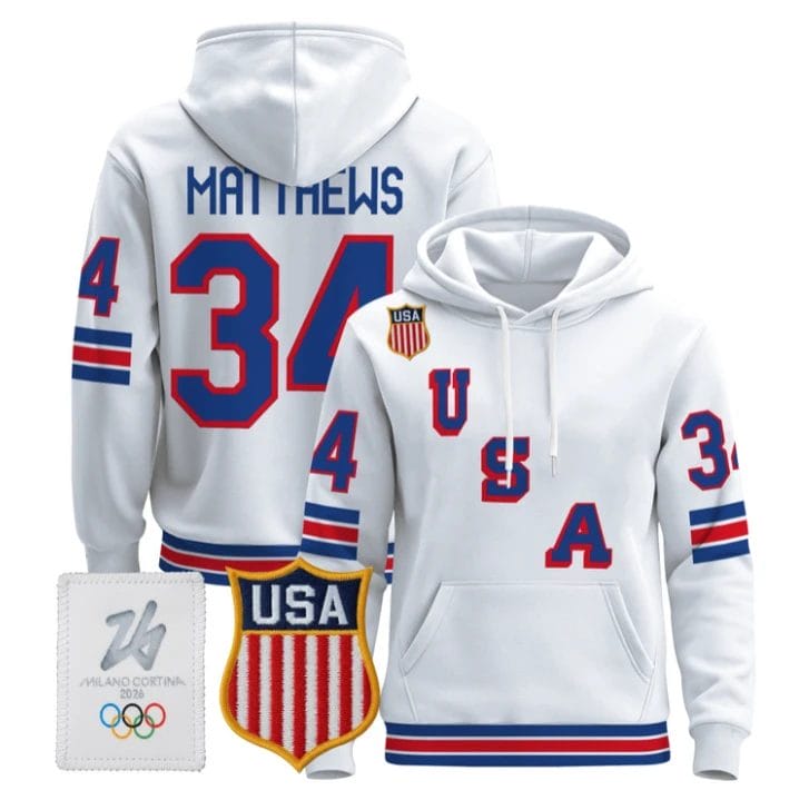 Auston Matthews #34 2026 USA Olympic Premium Hockey Pullover Hoodie Stitched by Hoodie Pullover