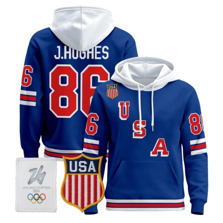 Jack Hughes #86 2026 USA Olympic Premium Hockey Pullover Hoodie Stitched by Hoodie Pullover