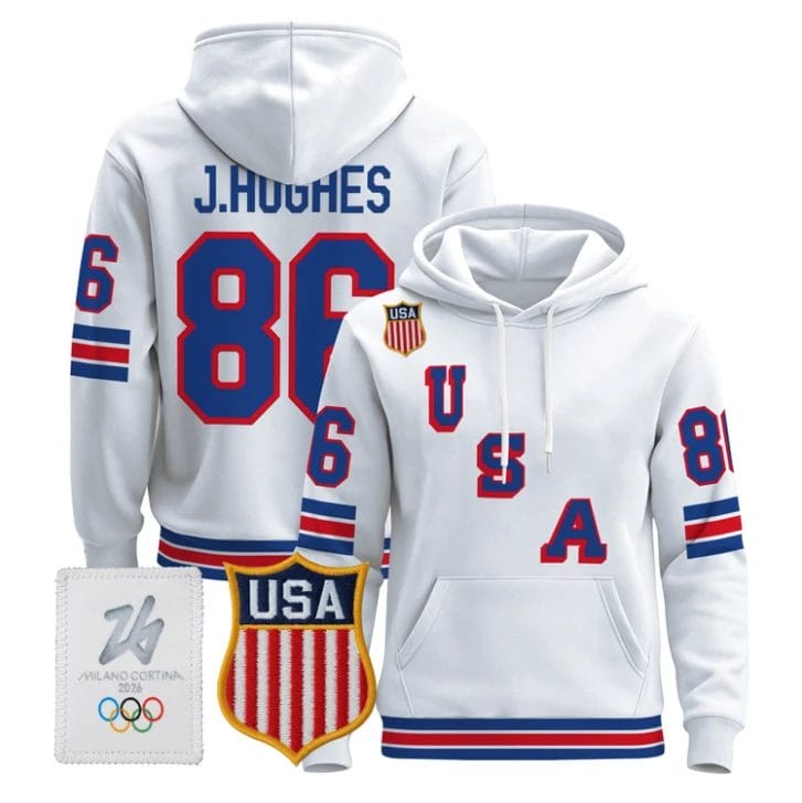 Jack Hughes #86 2026 USA Olympic Premium Hockey Pullover Hoodie Stitched by Hoodie Pullover