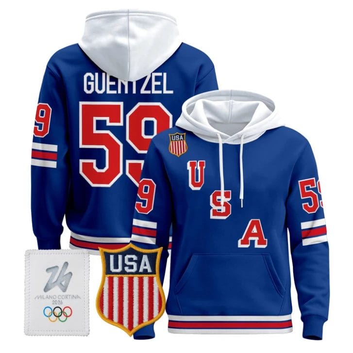 Jake Guentzel #59 USA Olympic 2026 Premium Hockey Pullover Hoodie Stitched by Hoodie Pullover