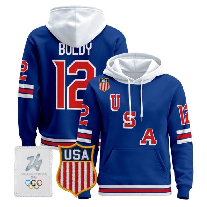 Matt Boldy #12 USA Olympic 2026 Premium Hockey Pullover Hoodie Stitched by Hoodie Pullover