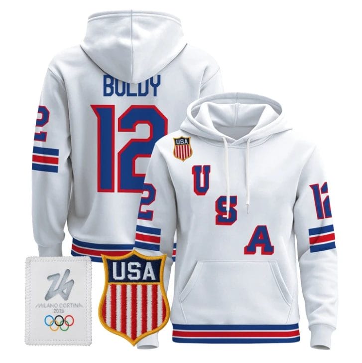 Matt Boldy #12 USA Olympic 2026 Premium Hockey Pullover Hoodie Stitched by Hoodie Pullover