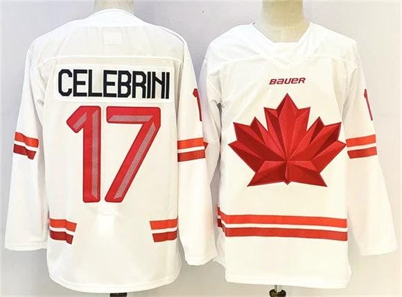 Men's Canada Hockey #17 Macklin Celebrini White Stitched Jersey by Hockey David