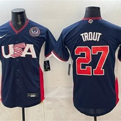 USA Baseball #27 Mike Trout Jersey Navy 2026 World Baseball Classic United States 250th Anniversary Patch Road Stadium Stitched by My Store