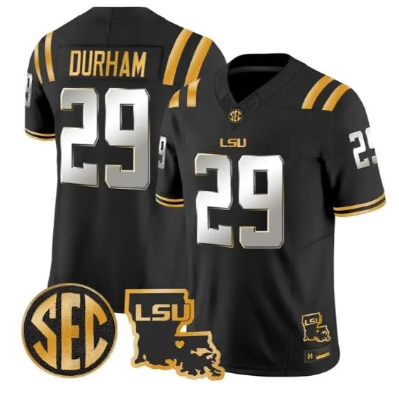 Caden Durham #29 LSU Tigers 2026 Louisiana Patch Gold Vapor Stitched by My Store NCAA Football Jerseys