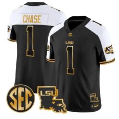 Ja'Marr Chase #1 LSU Tigers 2026 Louisiana Patch Gold All Stitched by My Store NCAA Football Jerseys