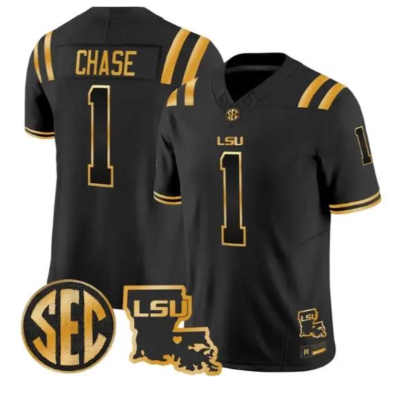 Ja'Marr Chase #1 LSU Tigers 2026 Louisiana Patch Gold All Stitched by My Store NCAA Football Jerseys