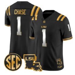 Ja'Marr Chase #1 LSU Tigers 2026 Louisiana Patch Gold All Stitched by My Store NCAA Football Jerseys