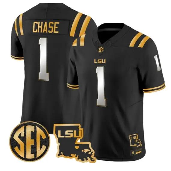 Ja'Marr Chase #1 LSU Tigers 2026 Louisiana Patch Gold All Stitched by My Store NCAA Football Jerseys