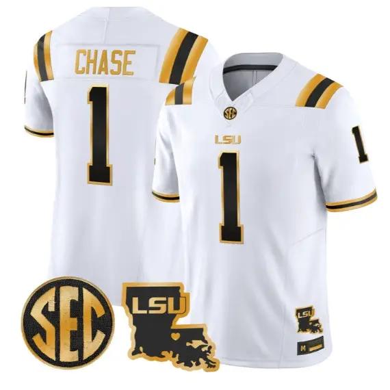 Ja'Marr Chase #1 LSU Tigers 2026 Louisiana Patch Gold All Stitched by My Store NCAA Football Jerseys